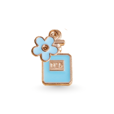 Sky blue perfume bottle dog collar charm with gold and blue flower, luxury designer-inspired by Paws Paws Miami