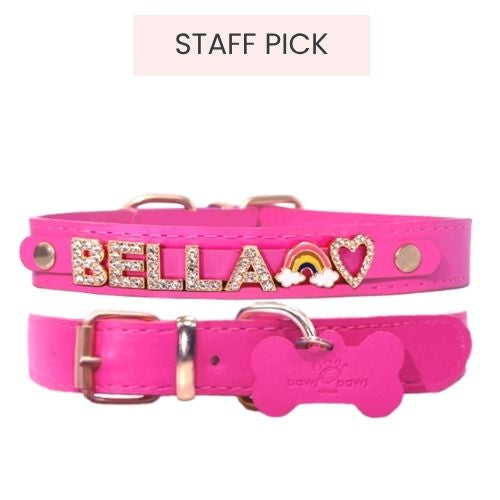 Neon pink luxury dog collar with gold-plated accents and cubic zirconia charms, personalized with name Bella, from Paws Paws Miami