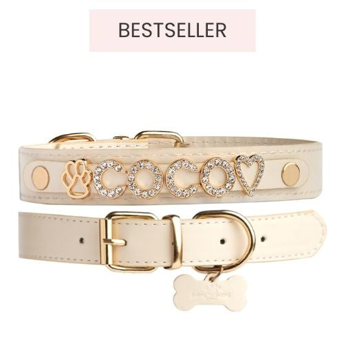 Personalized sand vegan leather dog collar with gold-plated hardware and cubic zirconia charms, name Coco, from Paws Paws Miami