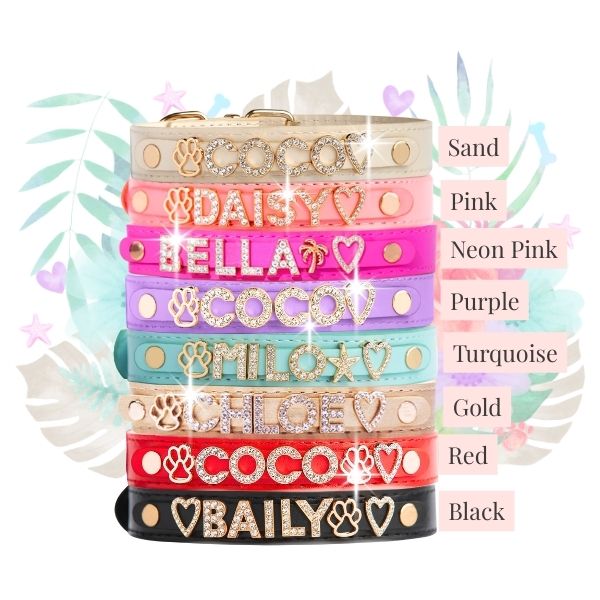 Stack of personalized vegan leather dog collars in pastel colors with gold and cubic zirconia details by Paws Paws Miami